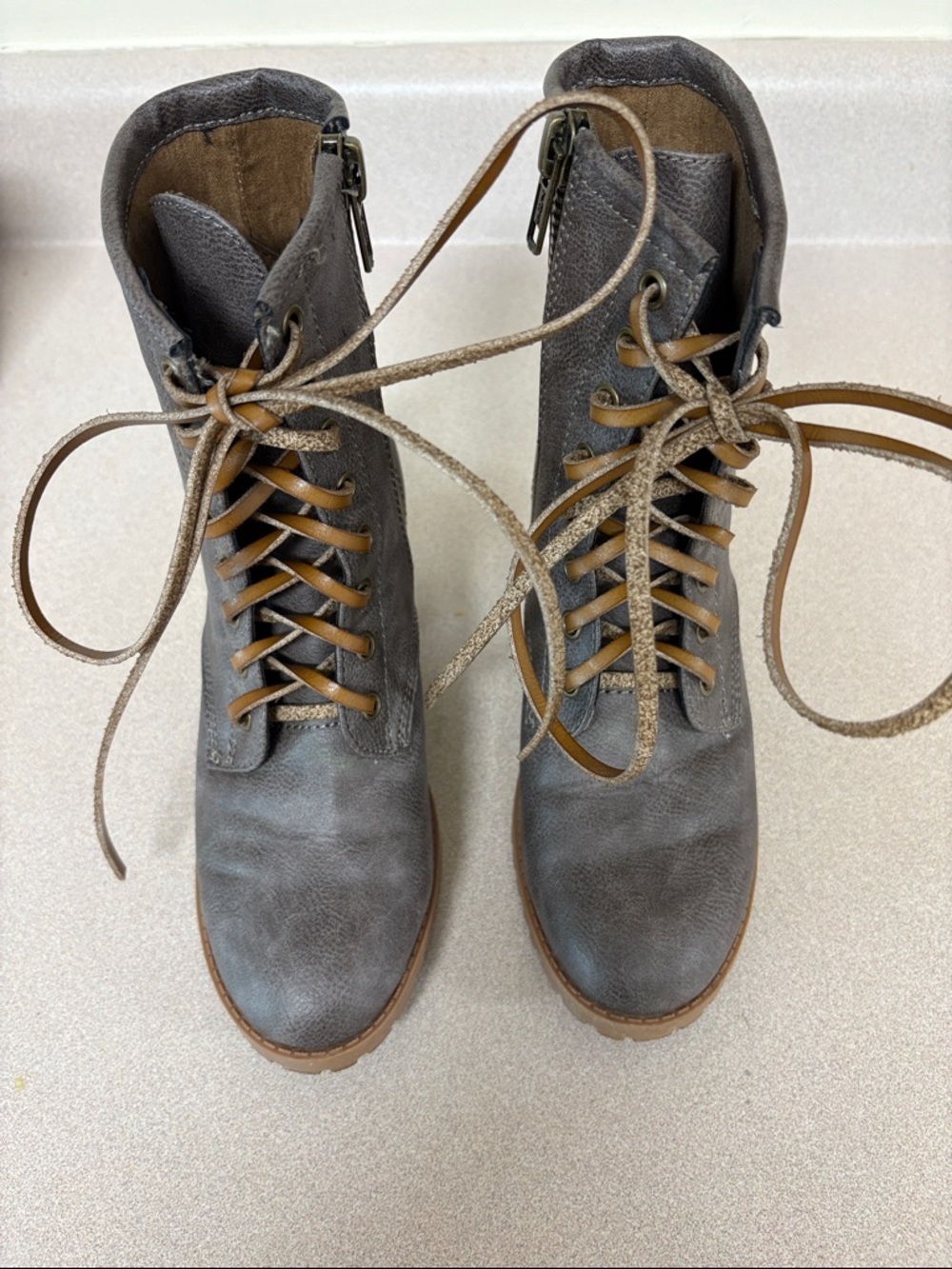 Women’s Gray Lace-Up Ankle Boots with Brown Accents